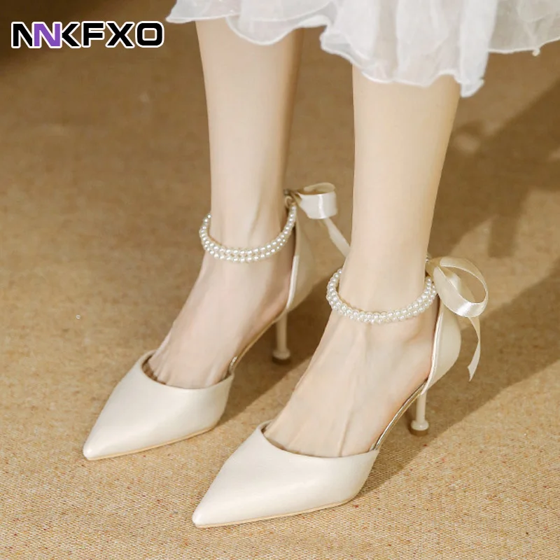 

French Fashion Pointed Toe Beaded Chain High Heels Sweet Bow Women's High Heels Hollow Party Dress Single Shoe