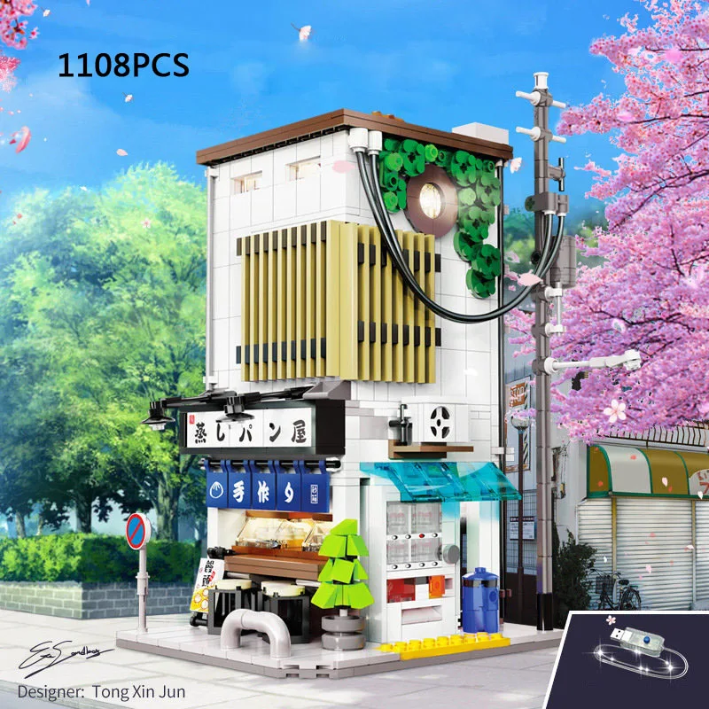 Bloques de construcción con luz LED para niños, juguete de ladrillos para armar tienda de bloques de peluche con vapor japonés, MOC, vista de calle de Ciudad de Japón