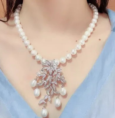 

Hand knotted natural 8-9mm white freshwater pearl leaves micro inlay zircon accessoriese clasp sweater necklace long 45 cm