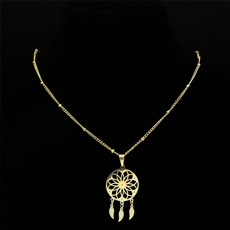 

Crystal Stainless Steel Dreamcatcher Necklace Women Flower of Life Bohemia Charm Necklaces Boho Jewelry colgante N8010S05