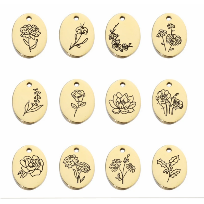 

New 12Pcs/Lot 16*12mm Oval Laser Month Flowers Charms Mirror Polish Stainless Steel Charms For DIY Making Necklace Keychain
