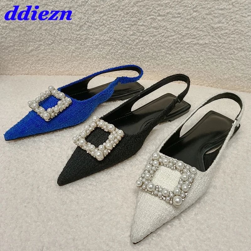 

Slingback Women Flat Sandals Summer Spring 2023 String Bead Fashion Rhinestones Female Pointed Toe Shoes Ladies Flats Shoes