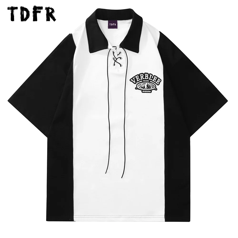 Letter Embroidery Short Sleeve T-shirt Mens Summer Casual Streetwear Loose Lapel Lace Up Half-Sleeve Tshirt Men