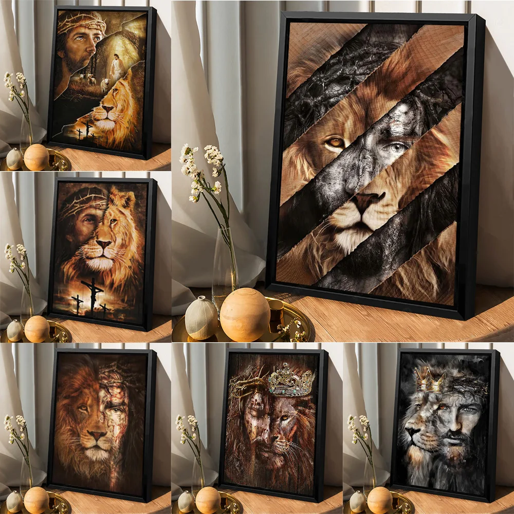 

Vintage Lion And Jesus Religion Decor Canvas Art Painting Cross Christian God Poster Retro Wall Pictures For Living Room