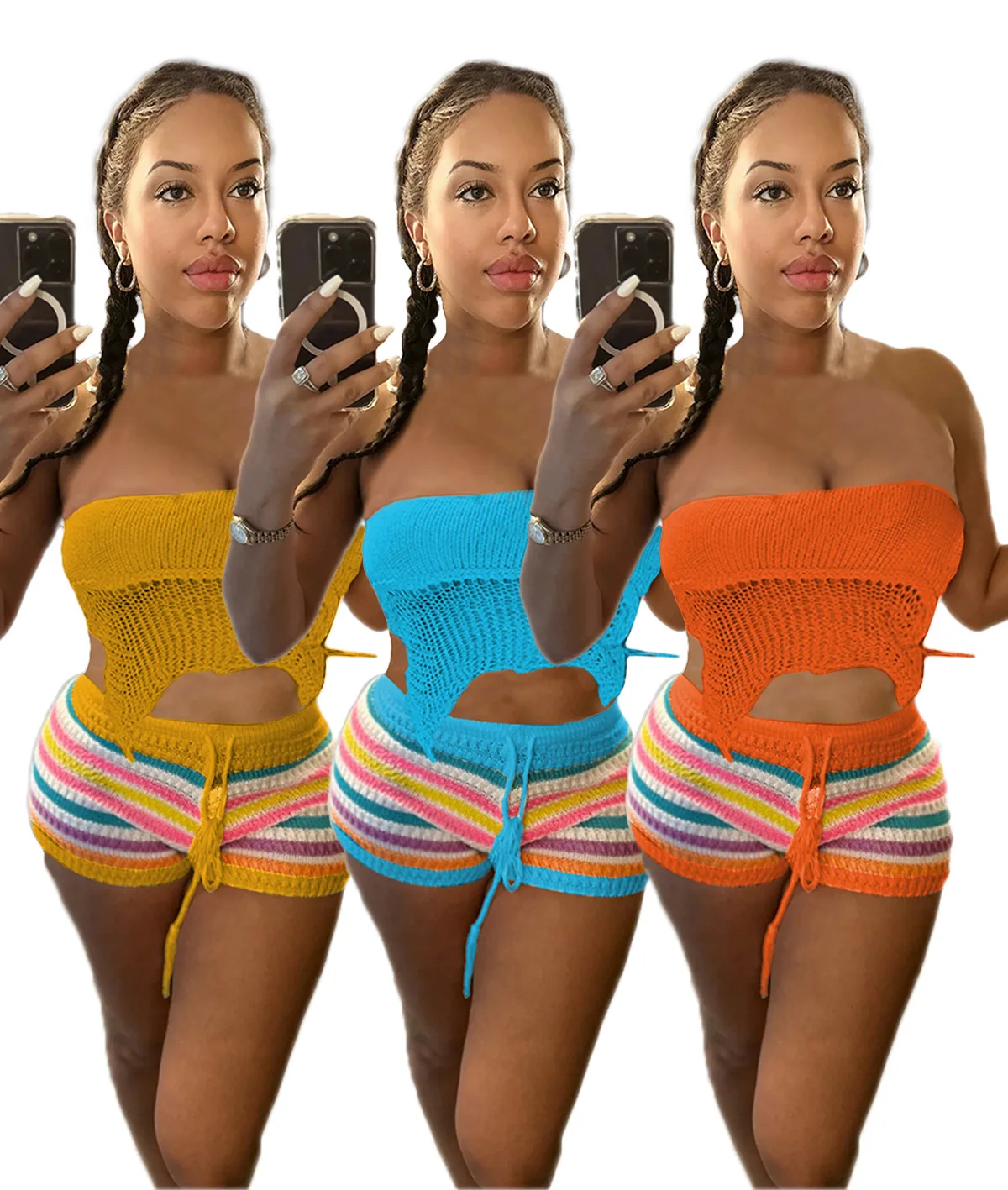 

Colorful Print Shorts 2 Piece Set Women Knit Suits Long Sleeve Strapless Crop Top+High Waist Hot Shorts Backless Beach Outfits