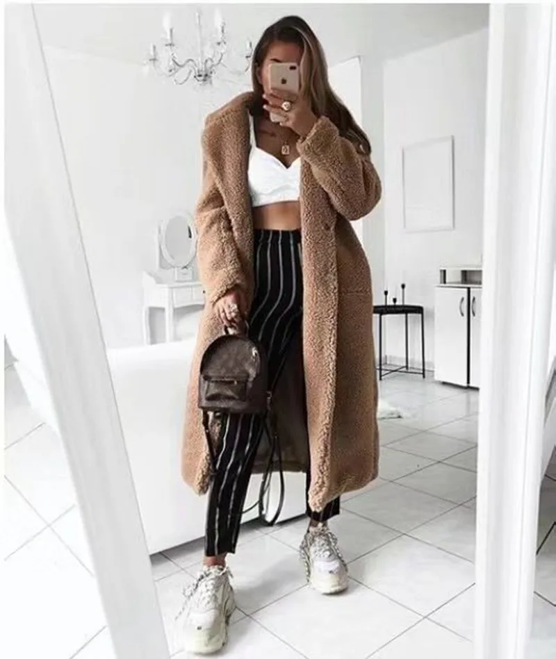 Women Winter Warm Fur Coat Cardigan Office Lady Sexy Women Wool Blend Top Coat Plus Size Long Coat Wool Jacket 2021 New