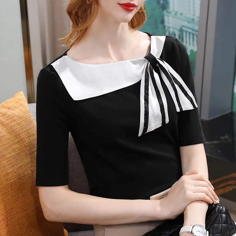 

Mid-sleeve T-shirt Women's 2022 Early Spring New Navy Collar Half-sleeve T-shirt Hit Color Bow Tie Five-point Sleeve Top