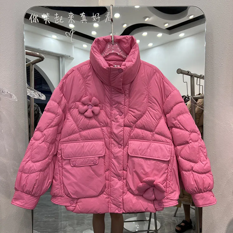 3D flowers Down Jacket Women Winter Stand Collar Feather Puffer Coat 90% White Duck Down Parkas Solid Color Outerwear