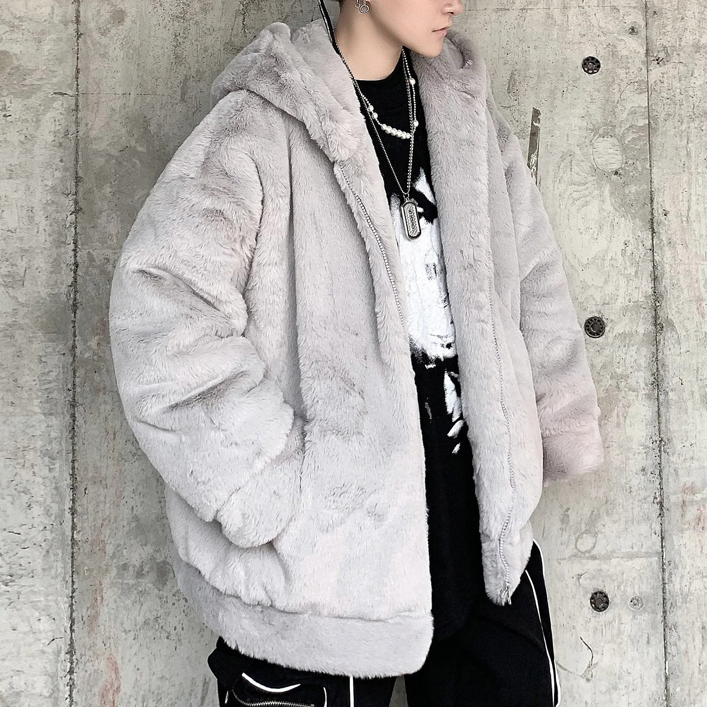 

Veste Fourrure Homme 2020 Winter 3 Solid Colors Loose Rabbit Hair Thickened Coat Hooded Wool Gray White Casual Mens Fur Coat