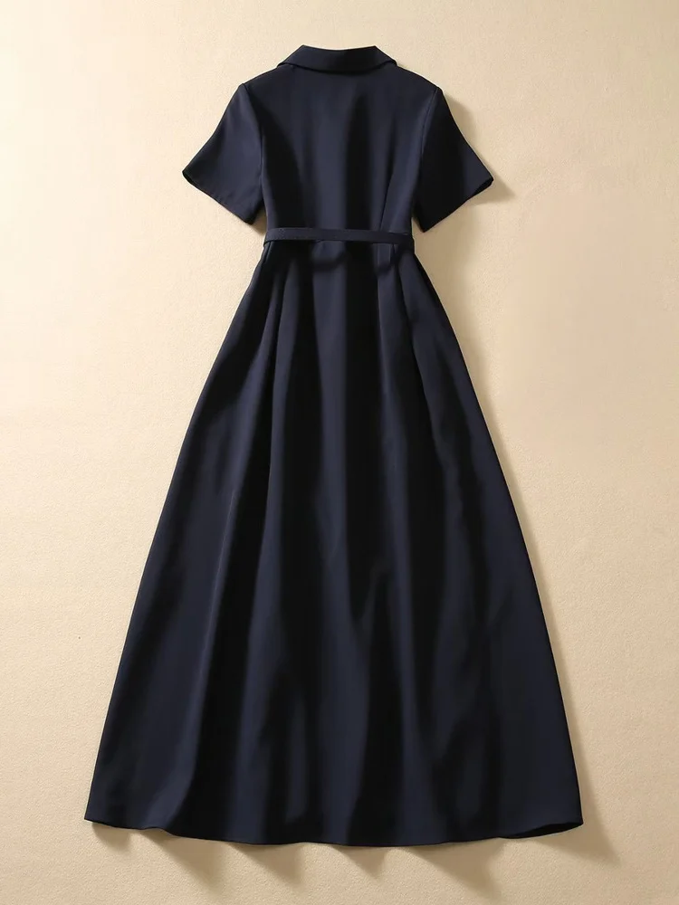 

Женское платье-рубашка средней длины, темно-синее платье с отложным воротником и коротким рукавом, офисное повседневное простое платье, лето 2023