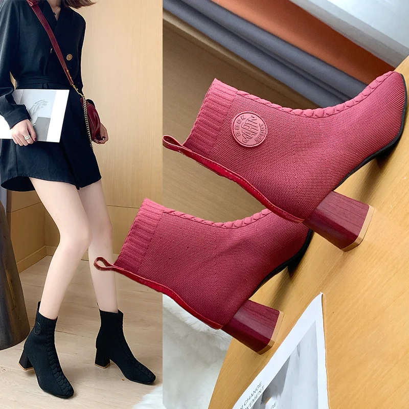 

High-heeled Ankle Boots For Women 2021 New European And American Fashion Style Ankle Boots Square Toe Thick Heel