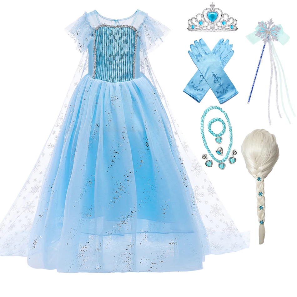

Disney Frozen Costume for Girls Princess Elsa Dress Bllue Sequined Mesh Ball Gown Kids Snow Queen Cosplay Carnival Clothing