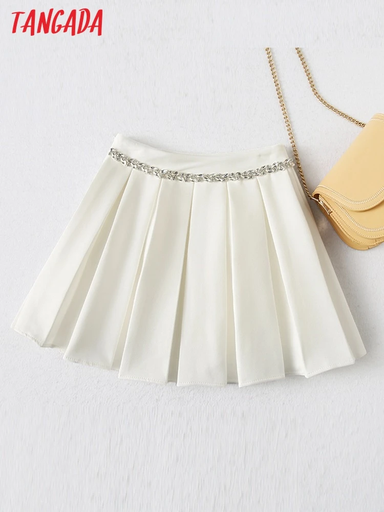 

Tangada 2022 Women Beading Decorate White Skirts Faldas Mujer Zipper French Style Female Mini Skirt YU220