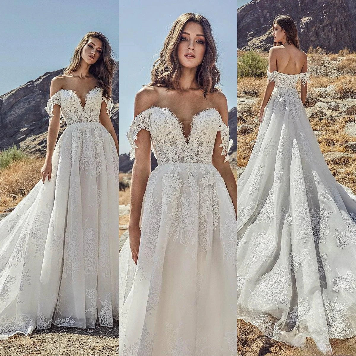 

Julie Vino 2022 Beach Wedding Dresses Off Shoulder Lace Country Sweep Train Bridal Gowns Plus Size Bohemian Vestido De Novia