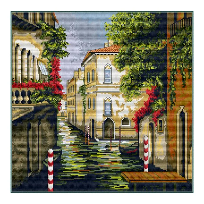 

Cross Stitch Stamped Kits 14CT Printed Embroidery Cloth Needlepoint Kits Easy Patterns For Water Street Landscape