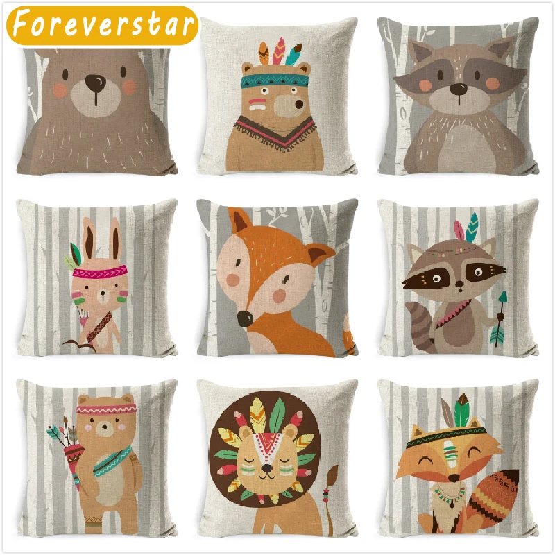 

Tribe Woodland Animal Cushion Cover Bear Fox Print Linen Pillow Case Decorative For Chair Sofa Home Decor Throw Pillowcase