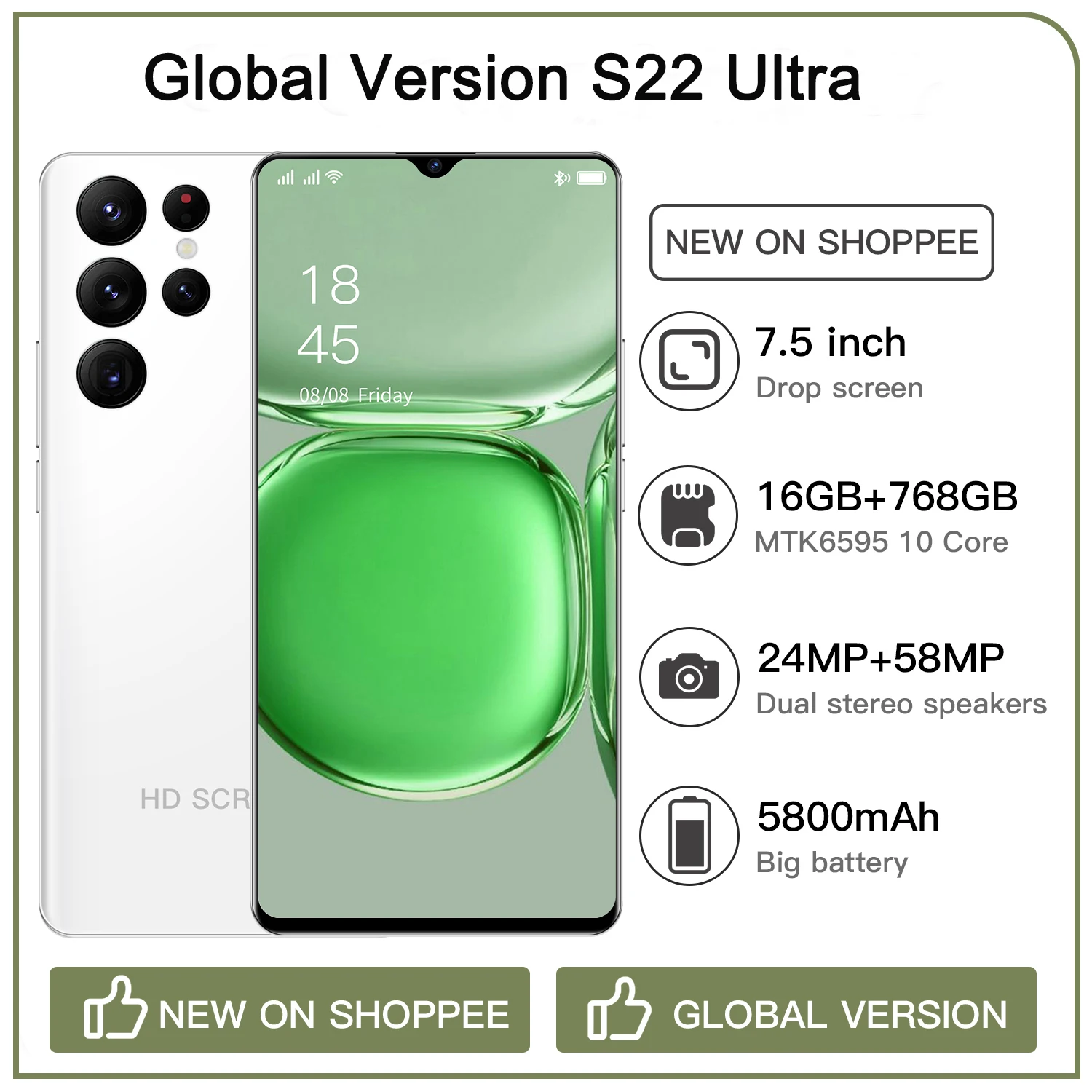 

Смартфон Android, 7,5 дюйма, 1440*3040, 16 + 512 ГБ, 24 + 58 Мп, 2 SIM + Micro SD, 5800 мач