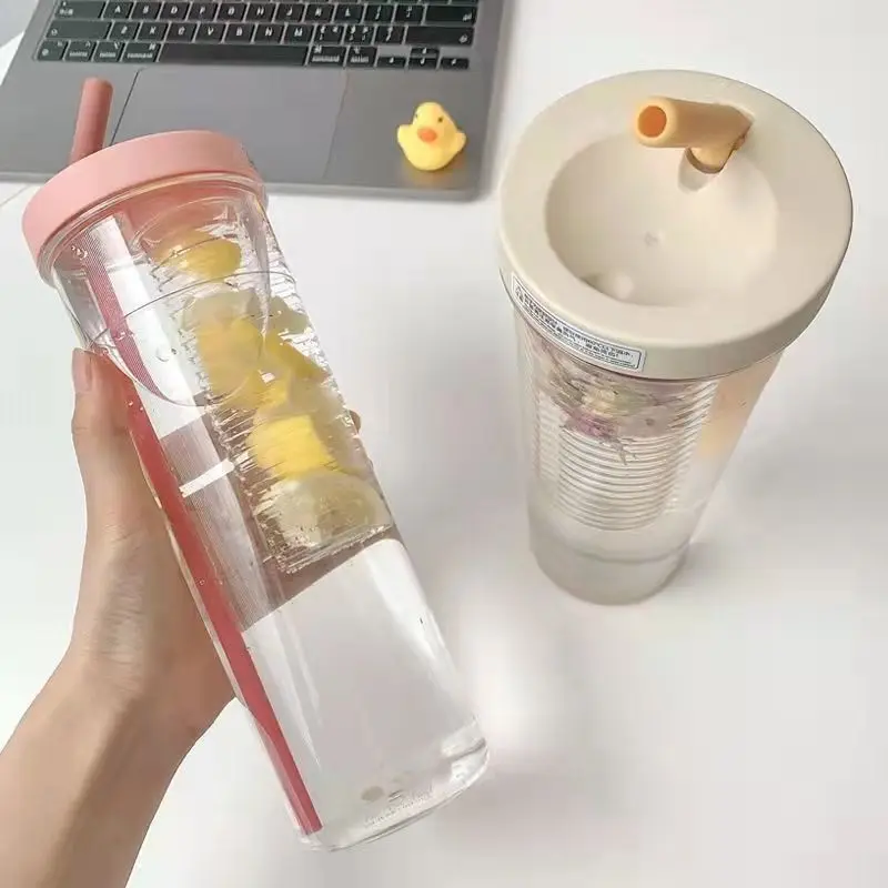 Fruit Tea Built-in Filter Cup Cute Water Bottle With Foldable Straw 700ML Water Bottle Portable Office Drinkware Outdoor Shaker
