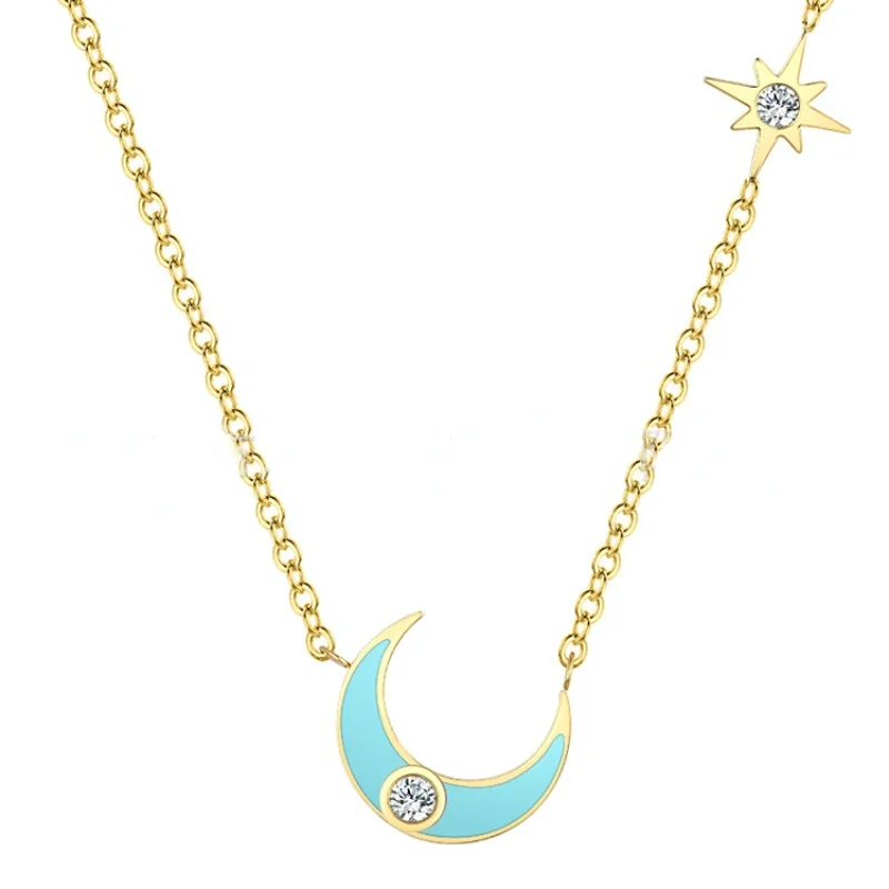 Blue Moon Titanium Pendant Necklace Women's Stainless Steel Stackable Fashion Jewellery Gold Coloured Fine Pendant Necklace