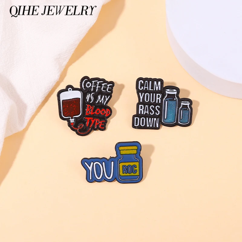 

Fun Quote Enamel Pins Coffe Blood Type Personality Brooches Badges Backpack Decoration Gift For Women Men Free Shipping