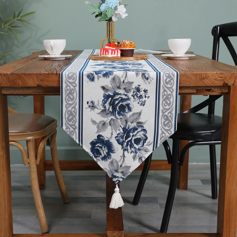

Modern Chinese Style Blue and white Flower Embroidered Table Runner with Tassel Home Dining Table Dressers Table Decor