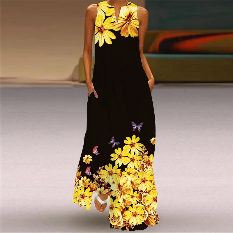 

Sleeveless Black Dress Summer Beach Casual Elegant Breathable Long Dresses Woman V Neck Print Women's Dress Woman 2022