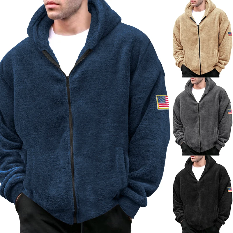 

Winter 2023 Men's New Double-sided Arctic Velvet Warm Hat Zipper Casual Jacket Pure Solid Color With Pockets