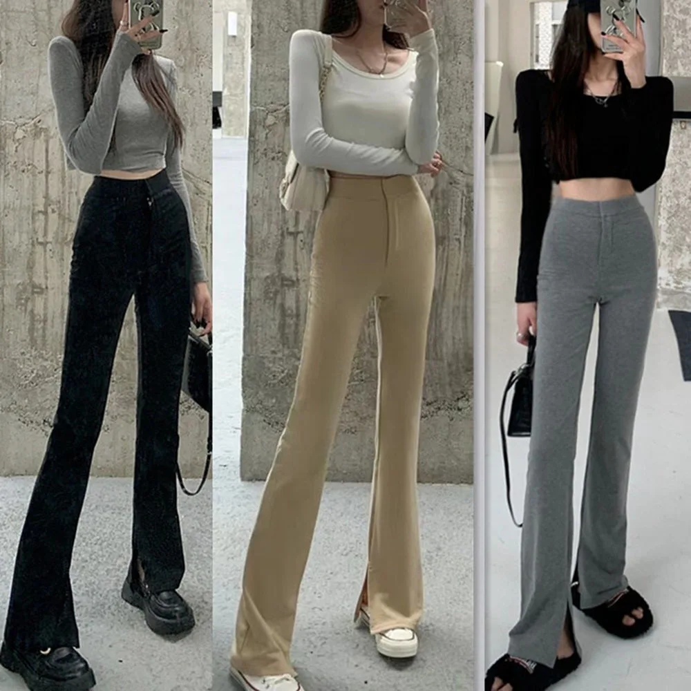 Брюки облегающие с высокой талией черные расклешенные брюки женские дикие