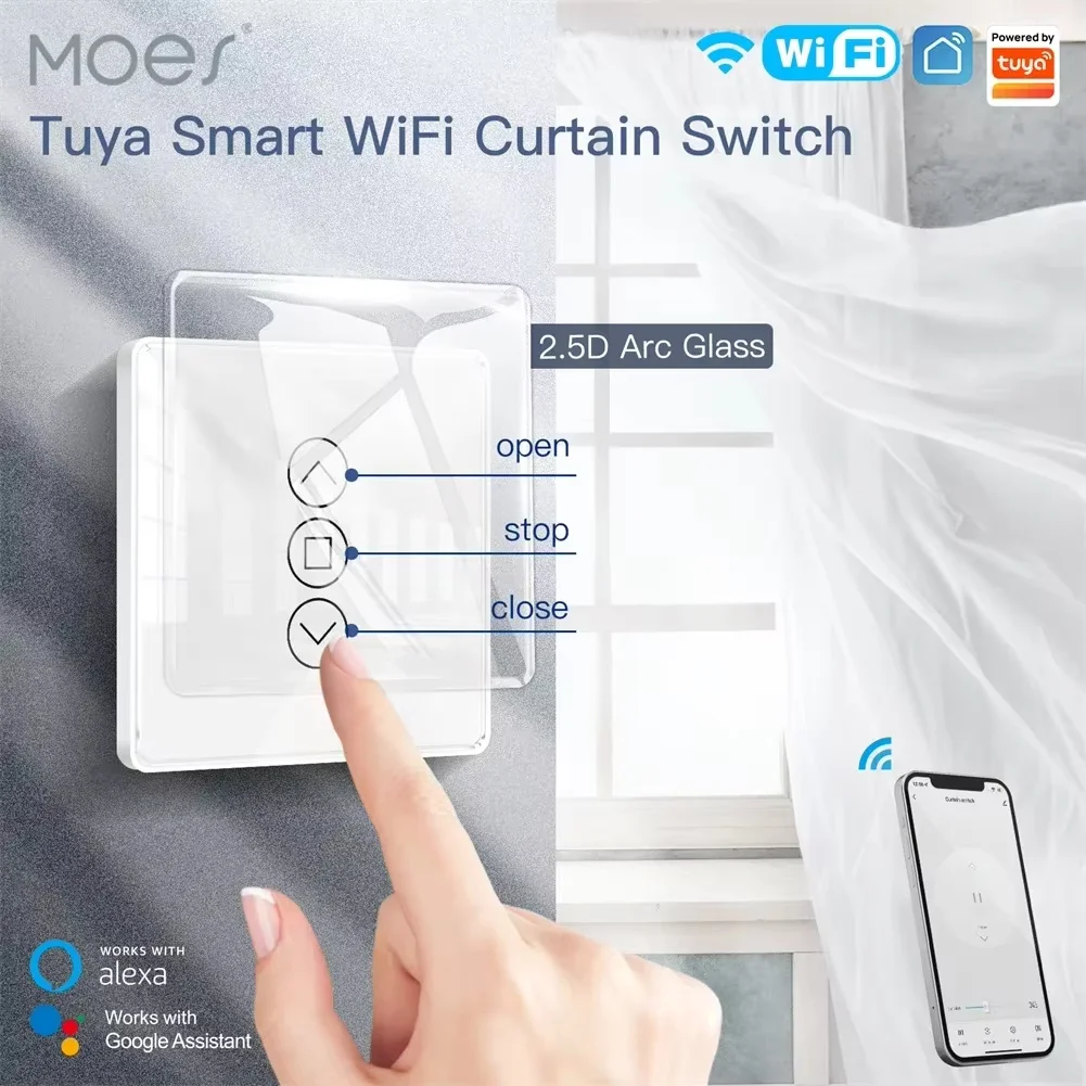 Фото Умный сенсорный выключатель MOES WiFi RF433 с 2.5D изогнутым стеклом для рулонных штор и жалюзи, совместимый с приложениями Smart Life/Tuya, работает с Alexa и Google Home №1