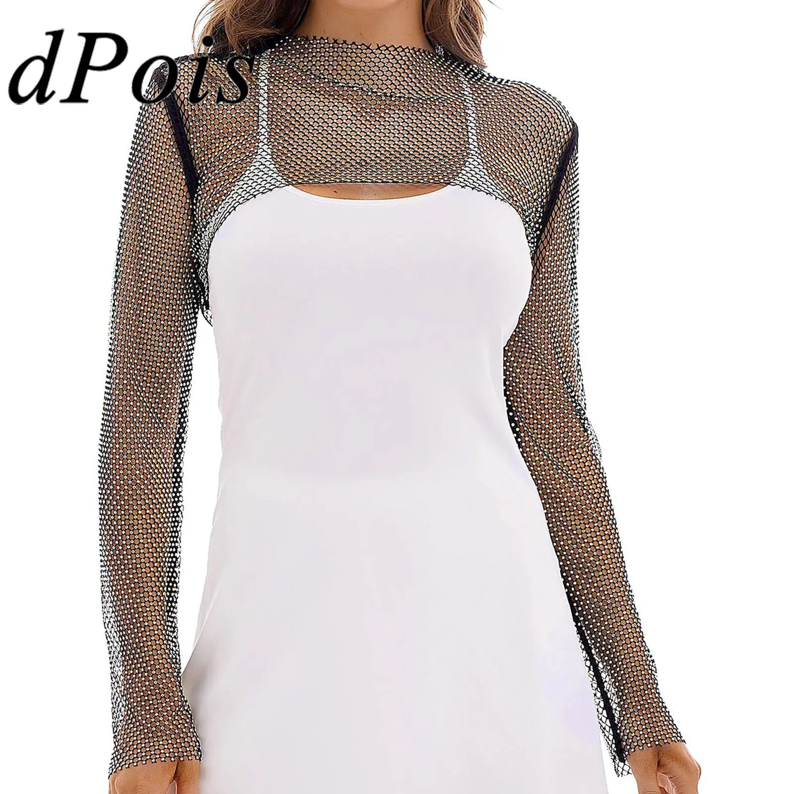 

Женские Модные ажурные сетчатые Короткие топы с длинным рукавом блестящие стразы пуловеры топы для клувечерние Клубная одежда