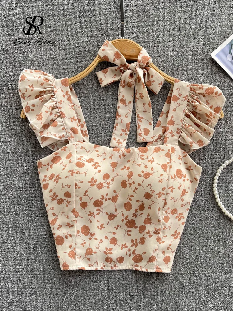 

SINGREINY Summer Women Strap Tops Fashion Korean Sleeveless Slim Y2K Floral Tops Bow tank top women tank top pink