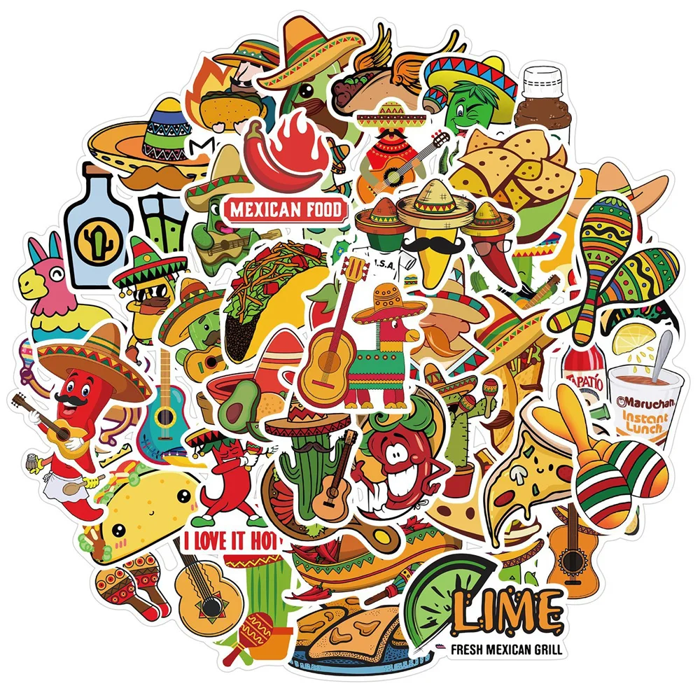 

10/30/50PCS Mexican Style Food Graffiti Sticker Decorative Luggage Laptop IPad Skateboard Cup Waterproof Sticker Wholesale