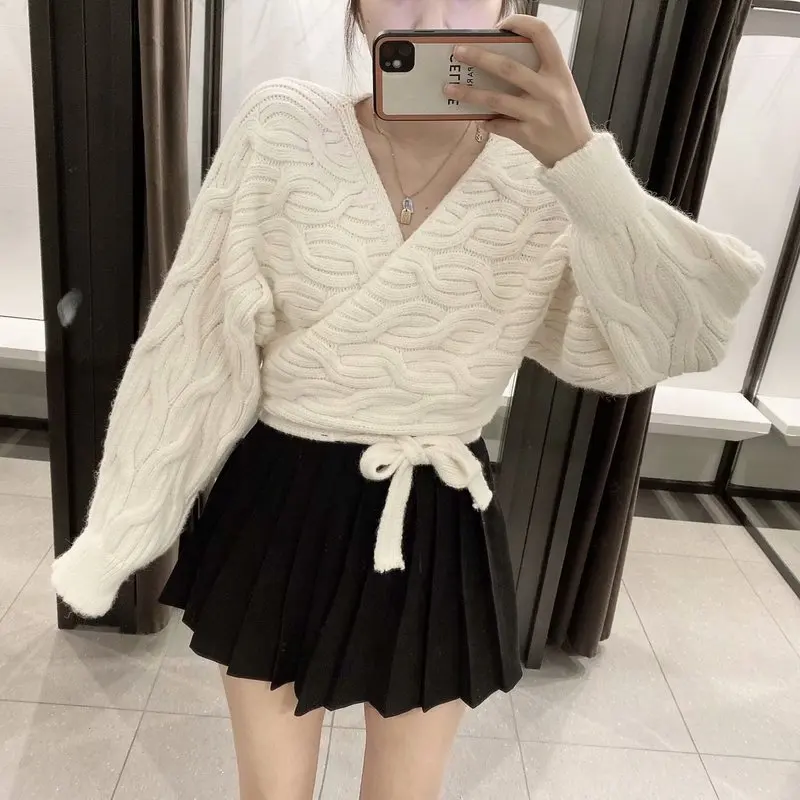 

Women Twist Cable Cross V Neck Knit Wrap Cardigan Crop Top Sweater Thick Long Sleeve Belted Jacket Coat Pull Jumper Knitwear