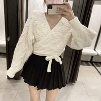 women twist cable cross v neck knit wrap cardigan crop top sweater thick long sleeve belted jacket coat pull jumper knitwear