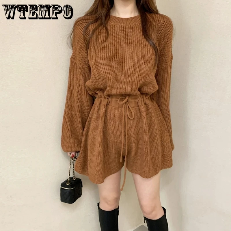

Women Casual Playsuits Spring Autumn Waist Drawstring Knitted Jumpsuit Femme Fashion Korean Loose Rompers Long Sleeve Overalls