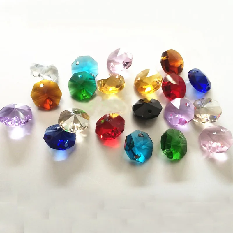 100PCS 14mm 2 Holes Crystal Octagon Beads Chandelier Parts Prisms Pendant Glass Loose Bead Curtain DIY Jewelry Wedding Decor