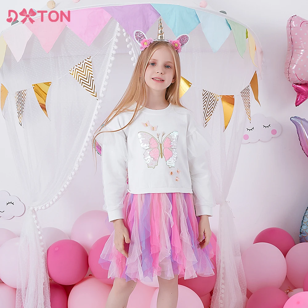 

DXTON Long Sleeve Girls Dresses Winter Butterfly Children Dress Sequin Patchwork Tulle Kids Tutu Dress Birthday Party Clothing