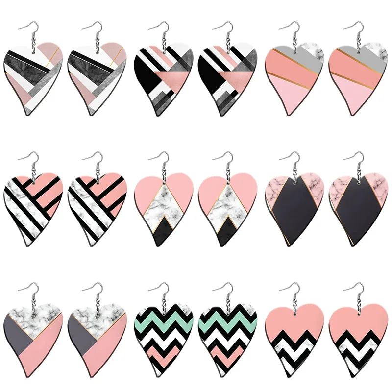 

Pink Collision Patchwork Pattern Acrylic Heart Drop Earrings For Women Stainless Steel Piercing Ear Jewelry Girls' Gift Z1590