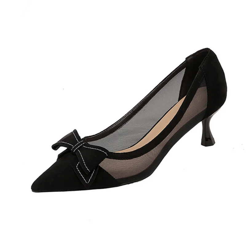 

Woman Black Shoes Luxury Brand Top Quality Air Mesh Bow Sewing Pumps For Dress Party Nigh Club High Heeled Pointy Toe Zapatos 42