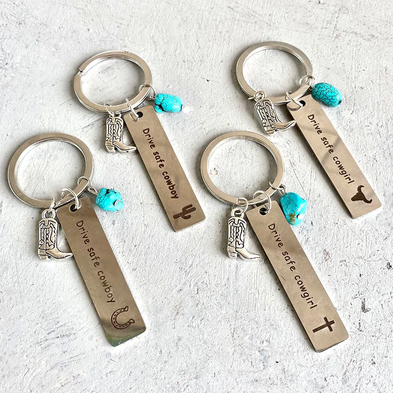 

Creative Stainless Steel Keychains For Women Fashion Cowboy Keys Keyring With Turquoise PendantTrendy Men Car Key Ring Wholesale