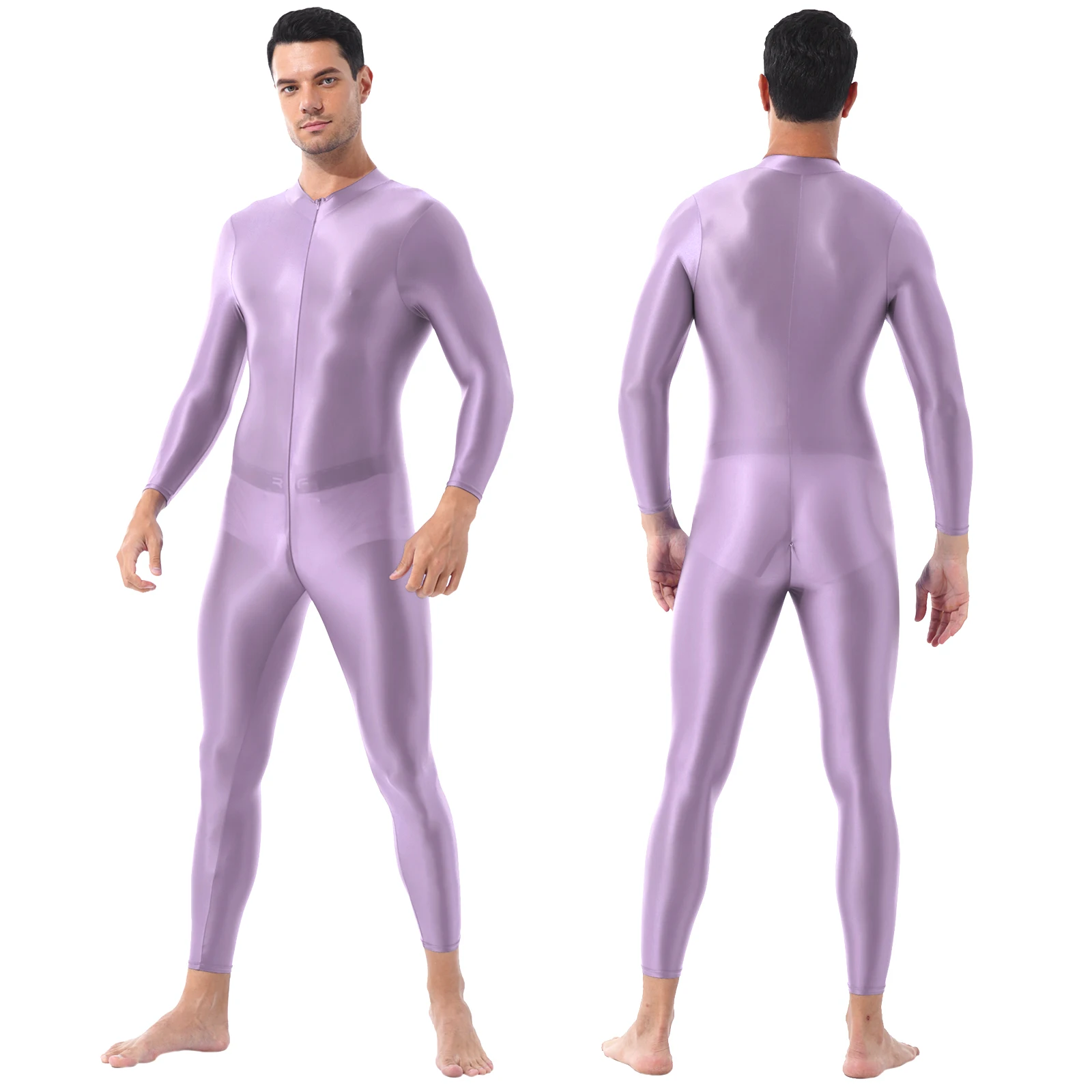 

Lingerie Mens Tight Bodystocking High Neck Long Sleeves Leotard Jumpsuit Shimmery Ankle Length Double-ended Zipper Bodysuit