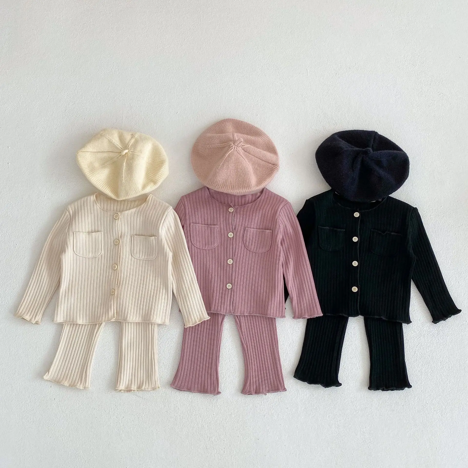 Baby Clothing Spring And Autumn New Style Girls' Knitting Coat Pocket Top Pants Two Piece Boy Apricot Knitted Suit 0-3 Years Old