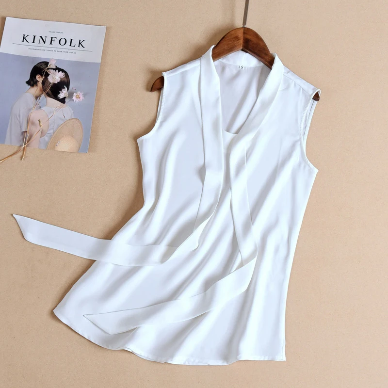 

Gidyq Summer Women Chiffon Shirt Korean Fashion Bandage Sleeveless Tops Y2K Casual Female All Match Solid White Blouse New