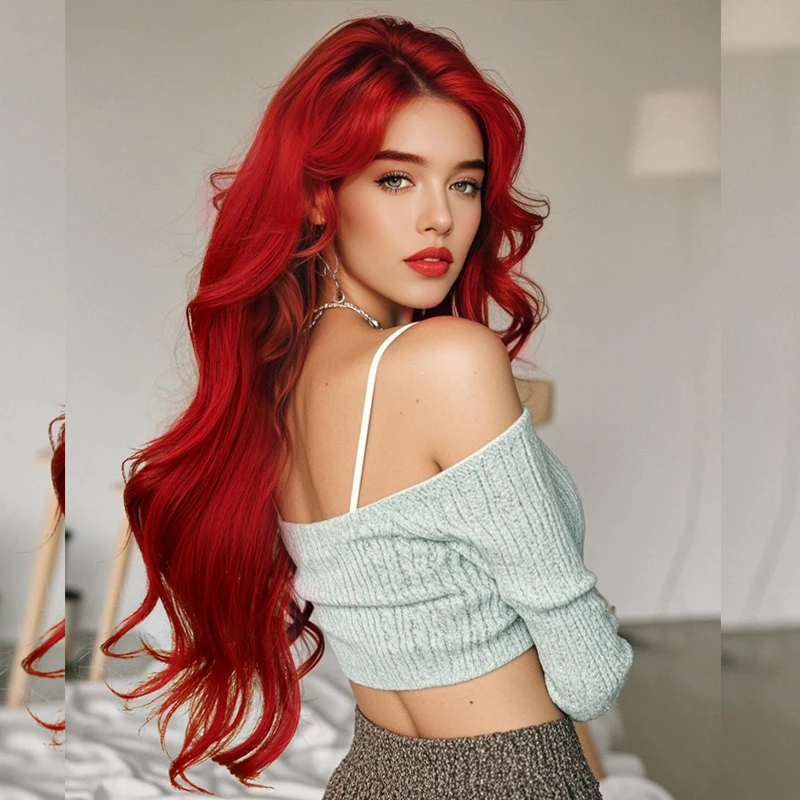 Фото Парик Neptune Red Bangs Curly HaircosFull, маленький, с кружевной вставкой, красный, кудрявый, из синтетических волос. №4