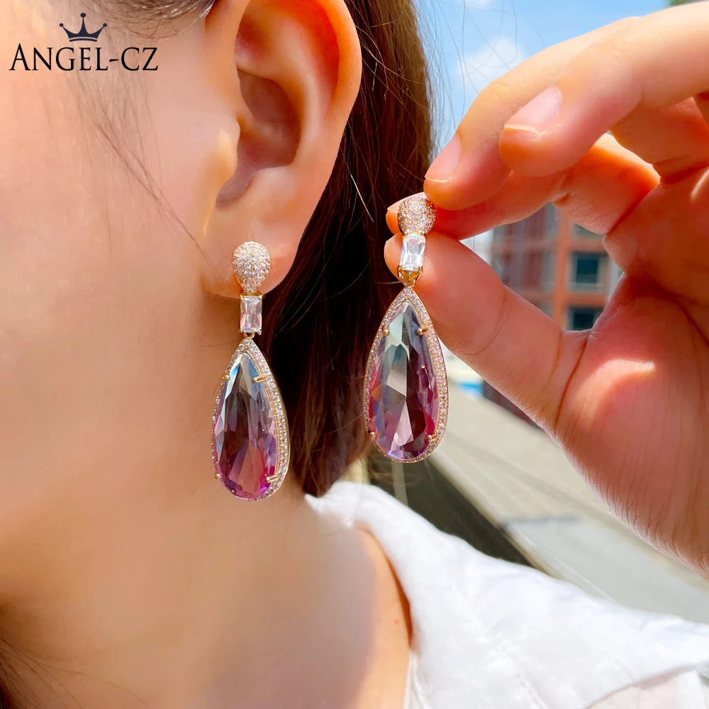 

ANGELCZ Personality Holiday Jewelry Mystical Rainbow Blue Pink Zircon Stone Setting Gold Color Big Long Drop Lady Earrings AE277
