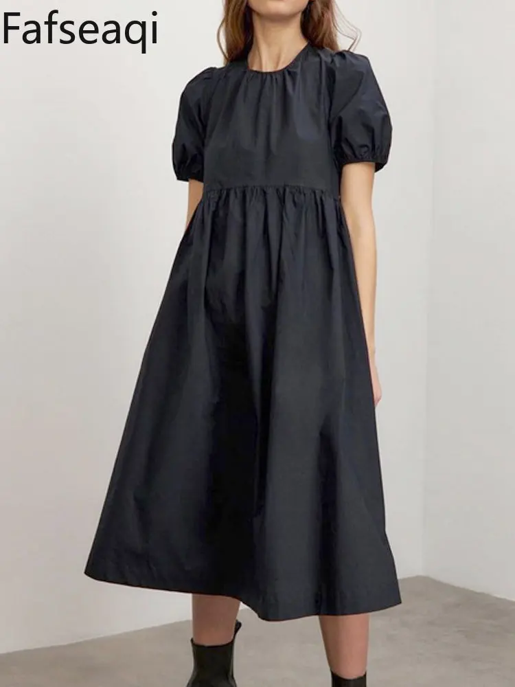 

Black Pure Cotton Birthday Dresses for Women Elegant O Neck Puff Sleeve Maxi Holiday Dress Women's Dresses for Party Vestidos