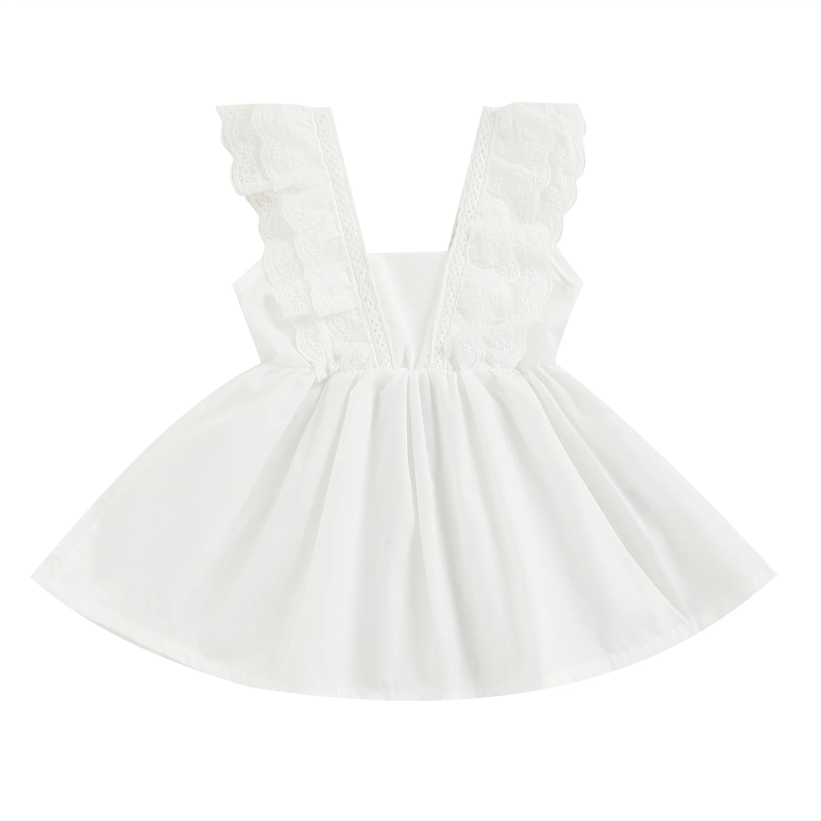 

Kid Girl Lace Hem Dress Children High Waist Ruffle Shoulder Straps Decor Square Neck Sleeveless Dresses