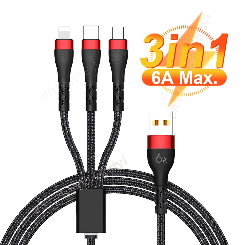 

6A 66W 3 in 1 Super Charge USB Cable for Huawei for iPhone 13 Pro 3in1 2in1 Fast Charge 8 Pin Micro USB Type C Cable for Samsung