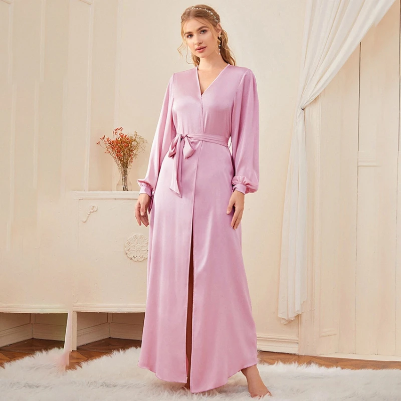 

Pink Lantern Sleeve Long Sleeve Long Up To The Ankle Nightgown Faux Silk Lace Cardigan Ladies Home Pajamas Bathrobe Women