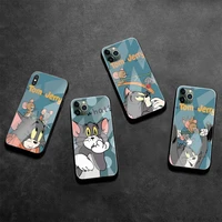 cartoon tom and jerry phone case tempered glass for iphone 13 12 mini 11 pro xr xs max 8 x 7 plus se 2020 cover